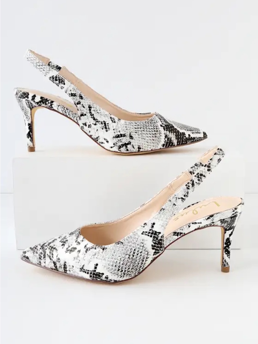Lulu's Black & White Snake-Print Slingback Pointed kitten Heels